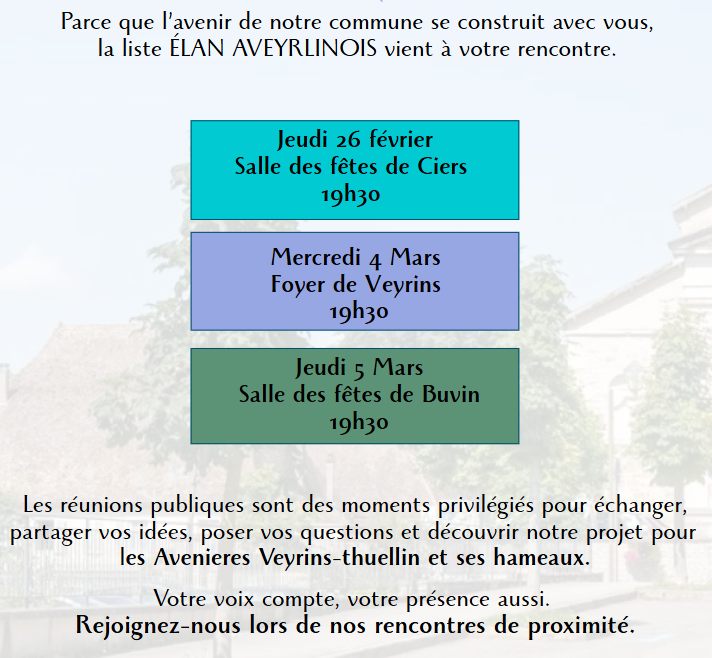 Date réunion pour les municipales de la commune de Les Avenières VEYRINS thuellins Candidats de l'Élan Aveyrlinois pour les élections municipales 2026 à Les Avenières
